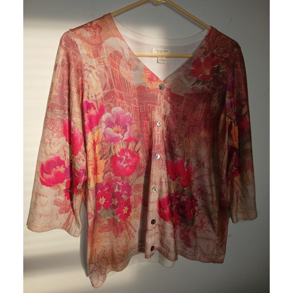 New Christopher & Banks Medium V Neck Cardigan Sweater Spring Floral Brown Red